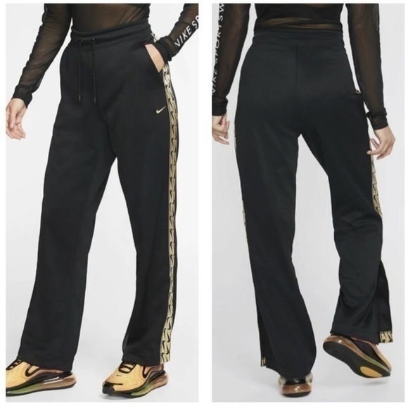 Nike XS Black Gold Side Logo‎ Open Hem Pants Track Pants - Picture 1 of 14